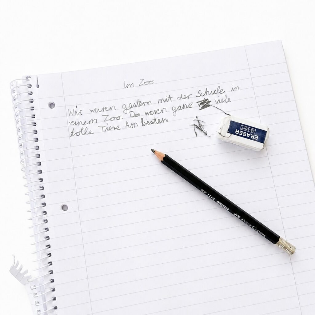 Handschriftliche Schreibprobe eines Kindes mit Bleistift und Radiergummi, ein Wort ist durchgestrichen statt ausradiert